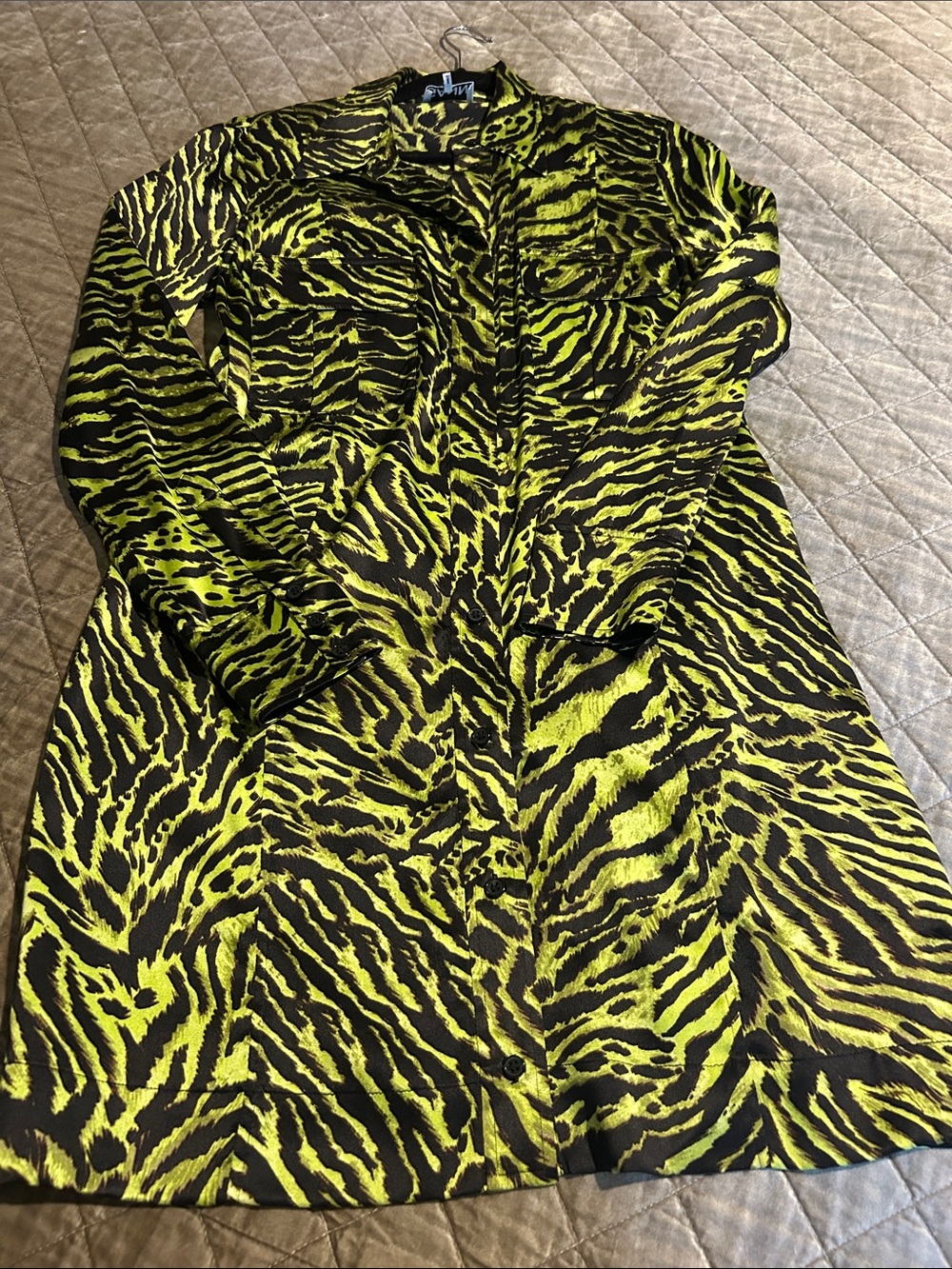 Ganni green & Black Zebra Print Button-Front Dress